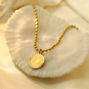 French Queen Coin Necklace 18K Gold Plated Round Pendant Stainless Steel Chain Women's Fashion Jewelry Gift - Product Image 1