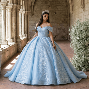 Lsany224 Vestido de Gala Azul de Lujo para Invitadas de Boda, Estilo Real Moderno, Escote Corazón, Apliques de Encaje, Cola Capilla - Product Image 1