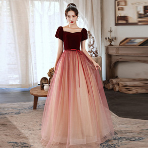 Evening Gown Women's Claret <b>A</b>-<b>Line</b> Sweetheart Neckline Tulle <b>Dress</b> With Contrast Color For Banquet Graduation Performance - Product Image 1