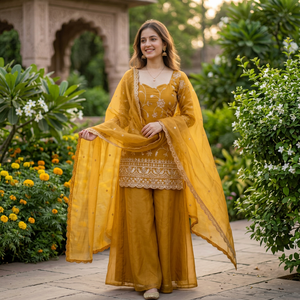 Conjunto Kurti y Palazzo de Organza Amarillo Mostaza con Bordado Floral y Trabajo de Calado Daman, Dupatta de Organza Prayosha Enterprise - Product Image 1