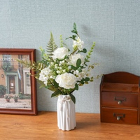 CF01581 Bouquet Artificiel Élégant de Roses Blanches avec Gypsophile 47cm – Composition Florale pour Mariage, Décoration de Maison