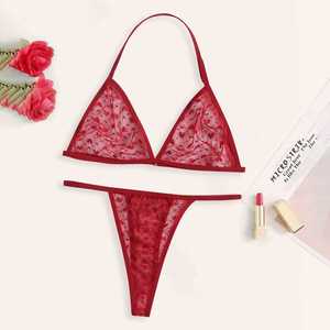 Soutien-gorge à bretelles croisées très demandé, lingerie trois pièces en maille transparente brodée de cœurs, disponible pour l'exportation. Livraison directe - Product Image 1