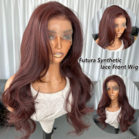 Perruques synthétiques à dentelle frontale 13x4 couleur marron ondulé naturel pour femmes noires, en fibre Futura, résistantes à la chaleur