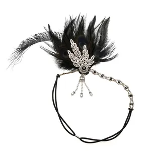 Boutique Women 1920 Flapper Girls Peacock Feather Nylon Elastic Stretchy Headband Vintage Rhinestone Tassel Showgirl Hairband