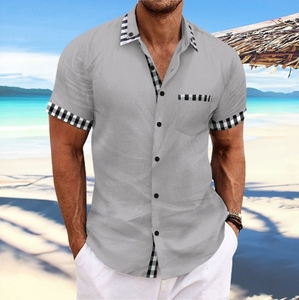 2024 été nouveau européen et américain hommes plage loisirs coton et chanvre poche épissage col à manches courtes <span class=keywords><strong>chemise</strong></span> - Product Image 3