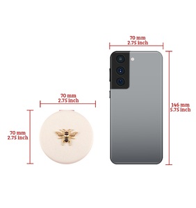 Miroir de poche rond en similicuir blanc cassé avec logo personnalisé, décor abeille 3D en métal, miroir de maquillage HD pliable double face pour la vente en gros - Product Image 2