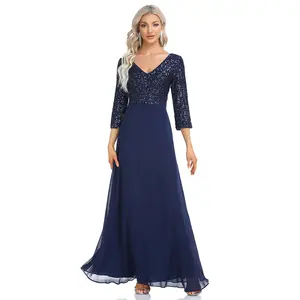 Damen Chiffon Brautjungfer kleid Doppel V-Ausschnitt Langes Kleid A-Linie Große Schaukel Pailletten Spleiß Abendkleid 2023