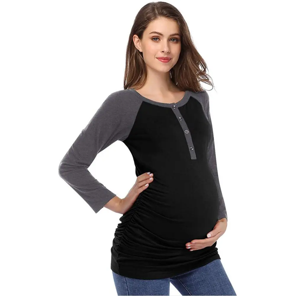 T-shirt à manches longues et col rond pour femme enceinte, vêtement de maternité à la mode