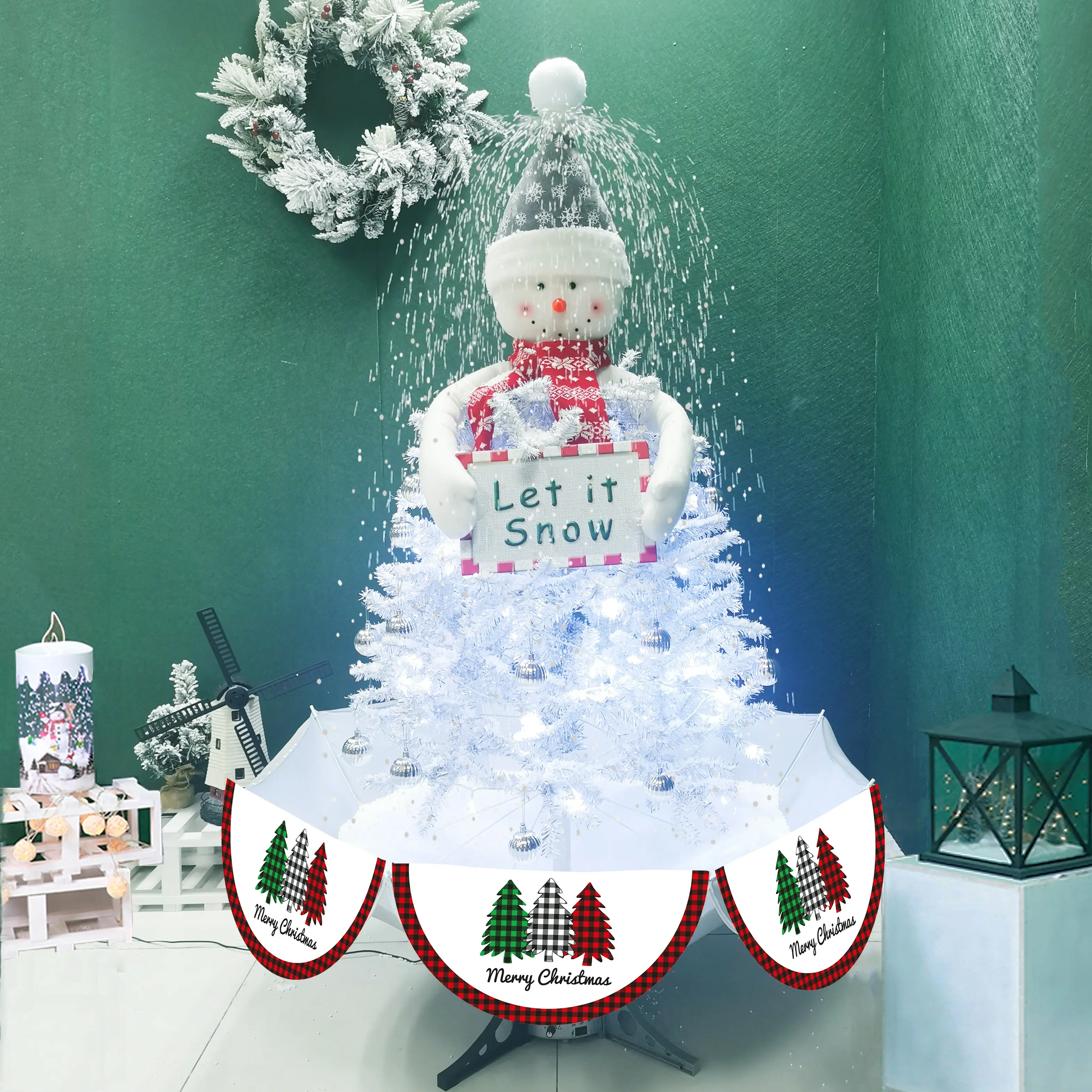 Arbol de Navidad Snowman ต้นไม้คริสต์มาสหิมะสีเงิน LED ที่กำลังเติบโตพร้อมฐานร่ม