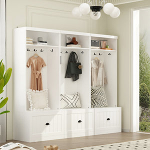 Meuble d'entrée modulaire blanc personnalisé à 3 modules avec armoire, crochets métalliques, tiroir en panneau rainuré et assise rembourrée - Product Image 2