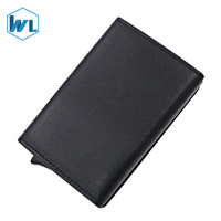 100% Logo Kulit Sapi Bermerek Logo Sesuai Pesanan Kulit Minimalis PU Kulit Pop Up Casing Dompet Kulit Lipat Tiga Logam