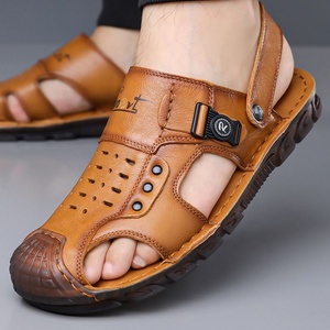 Sandales en cuir pour hommes, bout ouvert, semelle en caoutchouc, style décontracté, couleur unie, confortables pour l'extérieur - Product Image 2