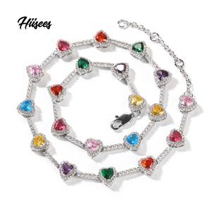 Personalizado chapado en oro blanco Multicolor corazón gema piedra cadena amor joyería Arco Iris color circón CZ collar de piedras preciosas para Mujeres Hombres - Product Image 1