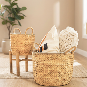 Cesta de Almacenamiento de Jacinto de Agua Natural con Asas, Forma Circular, Estilo Rústico, para Guardar Objetos Diversos - Product Image 2