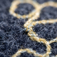 Sac 100% en tissu doux et moelleux, avec broderie de camélia, motif ligne dorée et broderie corde contrastante bleu clair, collection Riz.