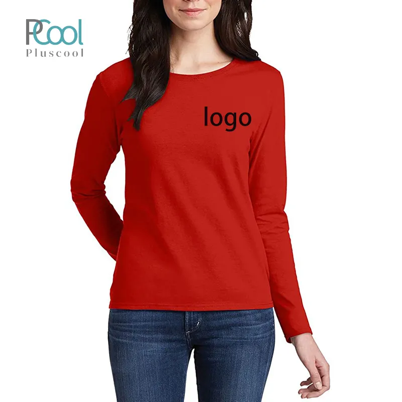 ขายส่งสุภาพสตรีผ้าฝ้าย100% แขนยาวราคาถูกที่กำหนดเองเสื้อยืดสีแดง