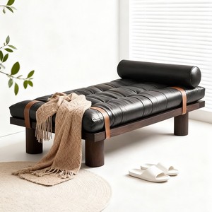 Contemporary Tufted <b>Leather</b> Bench Solid Wood Shoe Changing <b>Stool</b> Living Room Furniture - Product Image 4