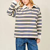 Damen Creme Blau Lila Gelb Mehrfarbig Gestreiftes Weißes Gewebtes Kragen-Oversize-Langarm-Poloshirt