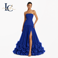 Robe de soirée plissée de luxe bleue à appliques florales pour femme, robe de bal sans bretelles, robe de soirée formelle, vente en gros personnalisée OEM ODM