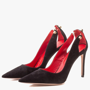 Zapatos de tacón de aguja de gamuza para mujer, talla grande 44, con decoración metálica, diseño recortado en la parte trasera, para pies anchos, ideales para la noche. - Product Image 2