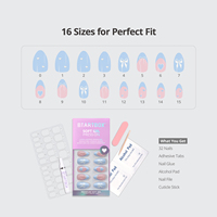 Faux ongles courts en amande avec colle, vente en gros, en gel souple, motif nœud mignon, bleu French, faits à la main, à presser
