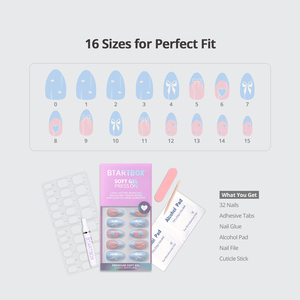 Faux ongles courts en amande avec colle, vente en gros, en gel souple, motif nœud mignon, bleu French, faits à la main, à presser - Product Image 2