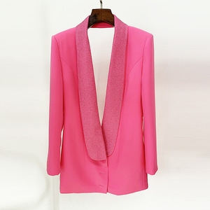 Ocstrade <span class=keywords><strong>Blazer</strong></span> lengan panjang untuk wanita, <span class=keywords><strong>Blazer</strong></span> modis berlian imitasi berkancing tunggal warna polos dengan kerah V seksi dan mantel punggung terbuka untuk wanita - Product Image 1