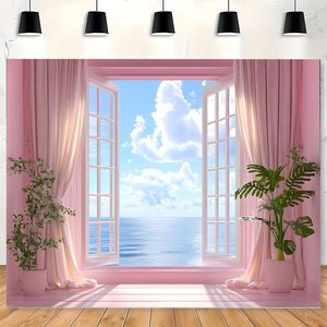 Encantador verano Tropical flor tapiz ventana vista escénica cielo azul y nubes blancas océano mar pared colgante naturaleza en Stock - Product Image 5