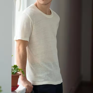 도매 유기농 대마 라운드 넥 셔츠 사용자 정의 목 태그 남성 화이트 티셔츠 경량 통기성 대마 티셔츠 - Product Image 3