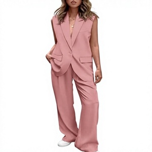 Women's Pink Sleeveless <b>Blazer</b> <b>Set</b> Loose Fit Wide Leg Pants Two Piece Suit Casual Spring Summer Solid Color Crepe Fabric - Product Image 1