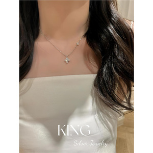 KING Silver Twin Four Leaf Flower <b>Necklace</b> S925 Sterling Silver Gold Plated Fashionable Light Luxury Daily Wear Gift - Product Image 5
