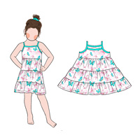 Pabrik Menerima MOQ Rendah Gaun Musim Panas Anak Perempuan Tali Bahu Tipis Bahan Twill Cetak Lucu Desain Ruffle Gaun Panjang