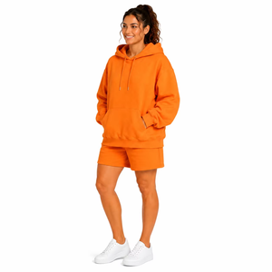 Women's Orange <b>2</b> <b>Piece</b> Hoodie & Shorts Set Casual Loose Fit Solid Color Knitted Daily Wear Spring Summer <b>Outfit</b> - Product Image 4