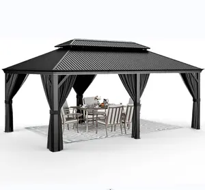 12 x 20 ft Hardtop Gazebo Outdoor Wood Grain Frame Aluminum Gazebo Double Roof Permanent Canopy with Netting and Curtains