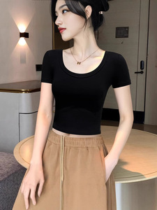 T-shirt bianca a maniche corte estiva aderente 2025 nuova t-shirt nera a vita alta Slim Fit - Product Image 5