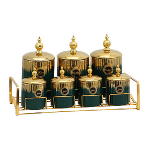 Luxus <span class=keywords><strong>Gold</strong></span> Heimküche 7er Keramikkanister Tee Kaffee Zucker Salzbehälter-<span class=keywords><strong>Set</strong></span> mit Bambusdeckel - Product Image 6
