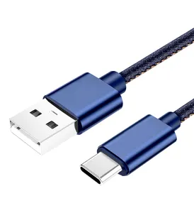 Best selling wholesale jeans cotton braided usb 2.0 cable super fast charging usb type c cable blue used for mobile phone