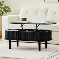 Table basse ovale moderne noire mate avec plateau relevable, rangement dissimulé, en bois cannelé, gain de place, hauteur réglable, mobilier de salon
