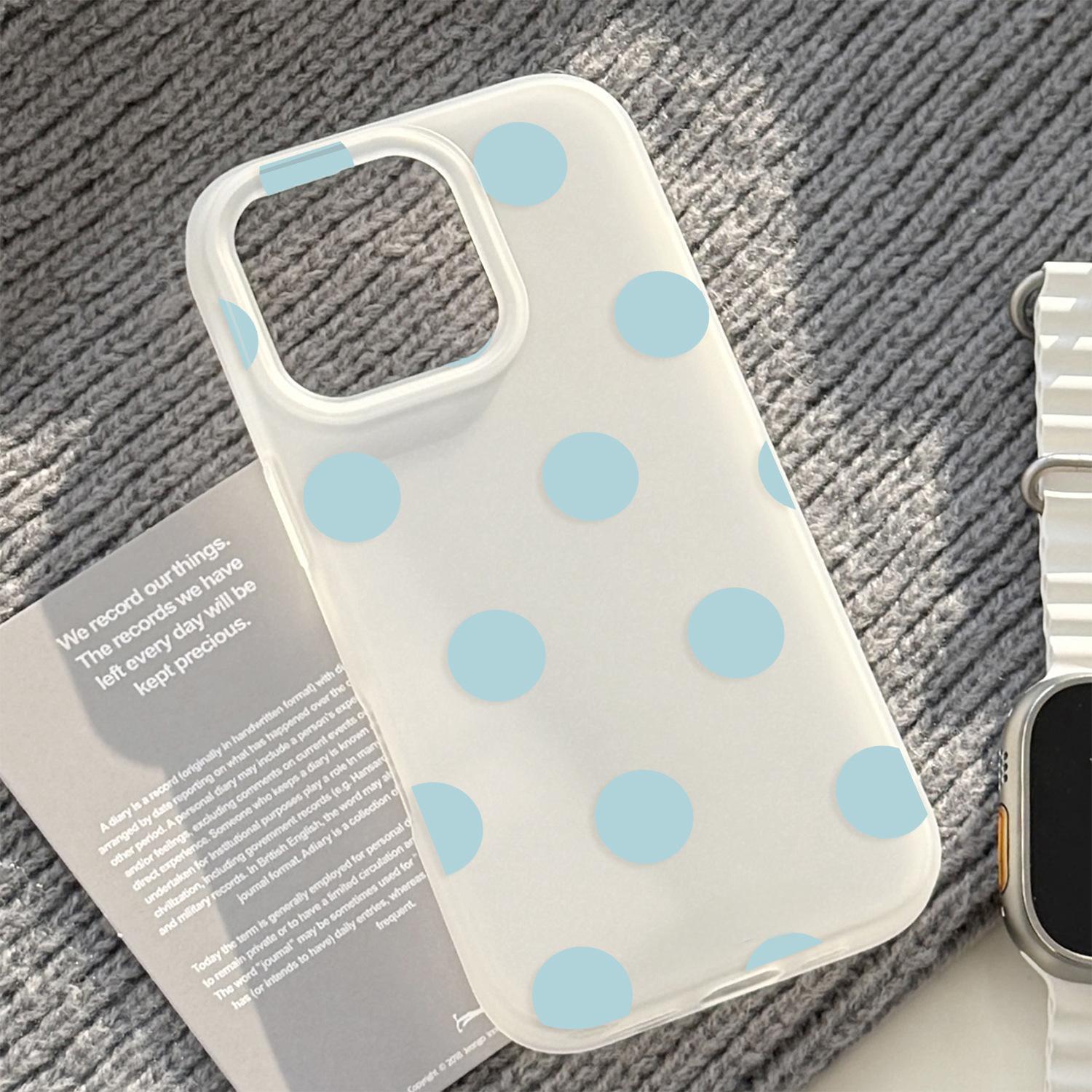 Translucent white with small blue polka dots