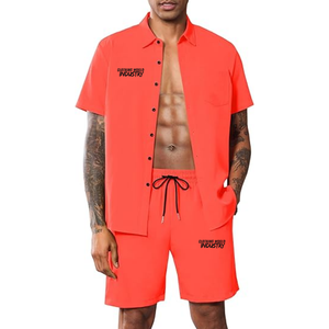 Ensemble deux pièces décontracté pour homme, col tailleur, manches courtes, couleur unie, tissage respirant, idéal pour l'été - Product Image 2