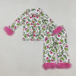 Wholesale Kids Girls Christmas Pajamas Sets Long Sleeve Button-up Tops Pants Sleepwear with <b>Fur</b> <b>Trim</b> Soft Pajamas Outfits - Product Image 4