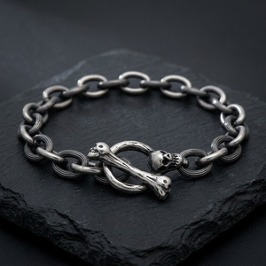 Bracelet à fermoir squelette gothique en acier inoxydable plaqué noir, chaîne gourmette vintage oxydée, style motard pour homme, idéal pour les soirées - Product Image 1