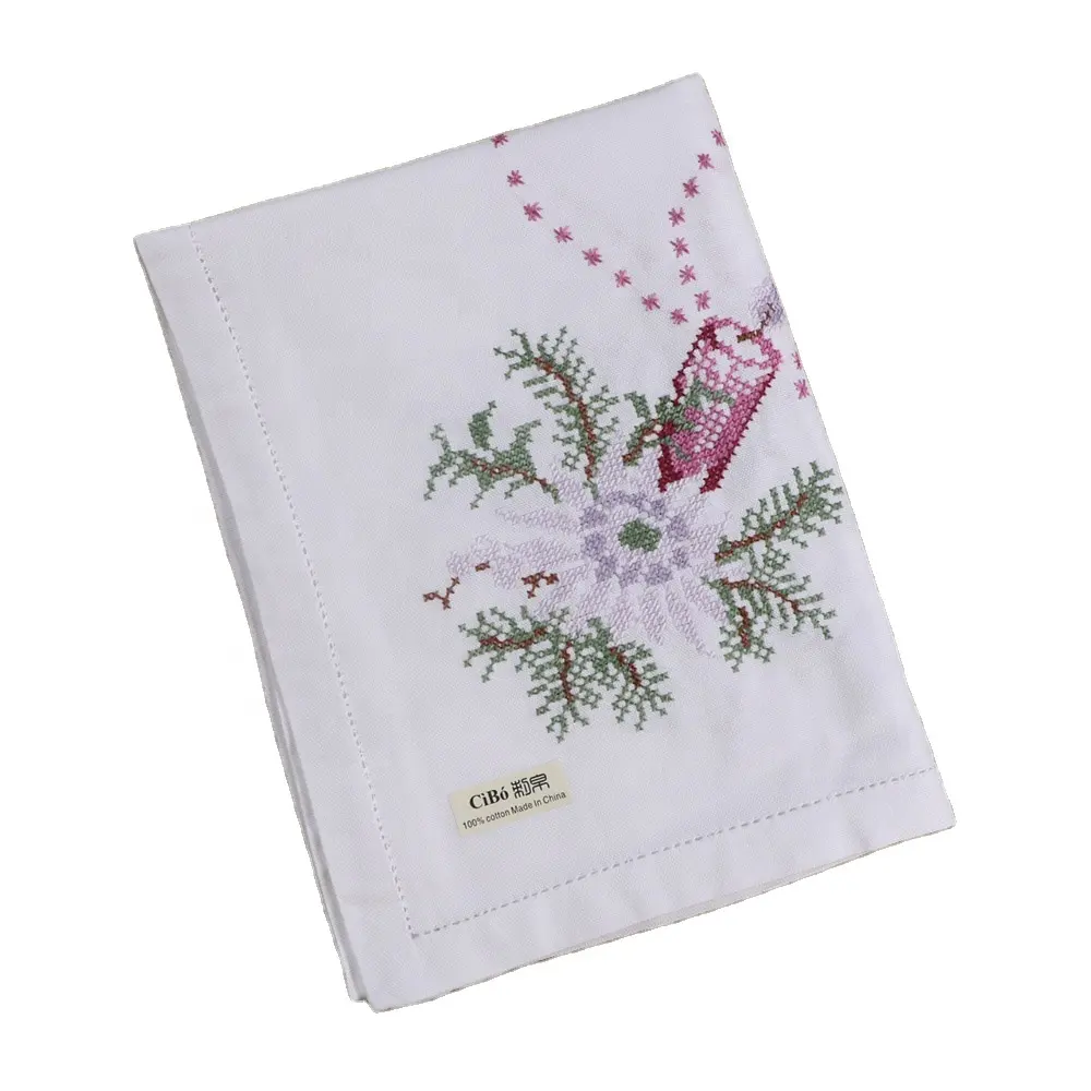 Mantel de punto de cruz para decoración de mesa, mantel cuadrado de algodón blanco para Festival de Navidad, 32x32 pulgadas, TC003
