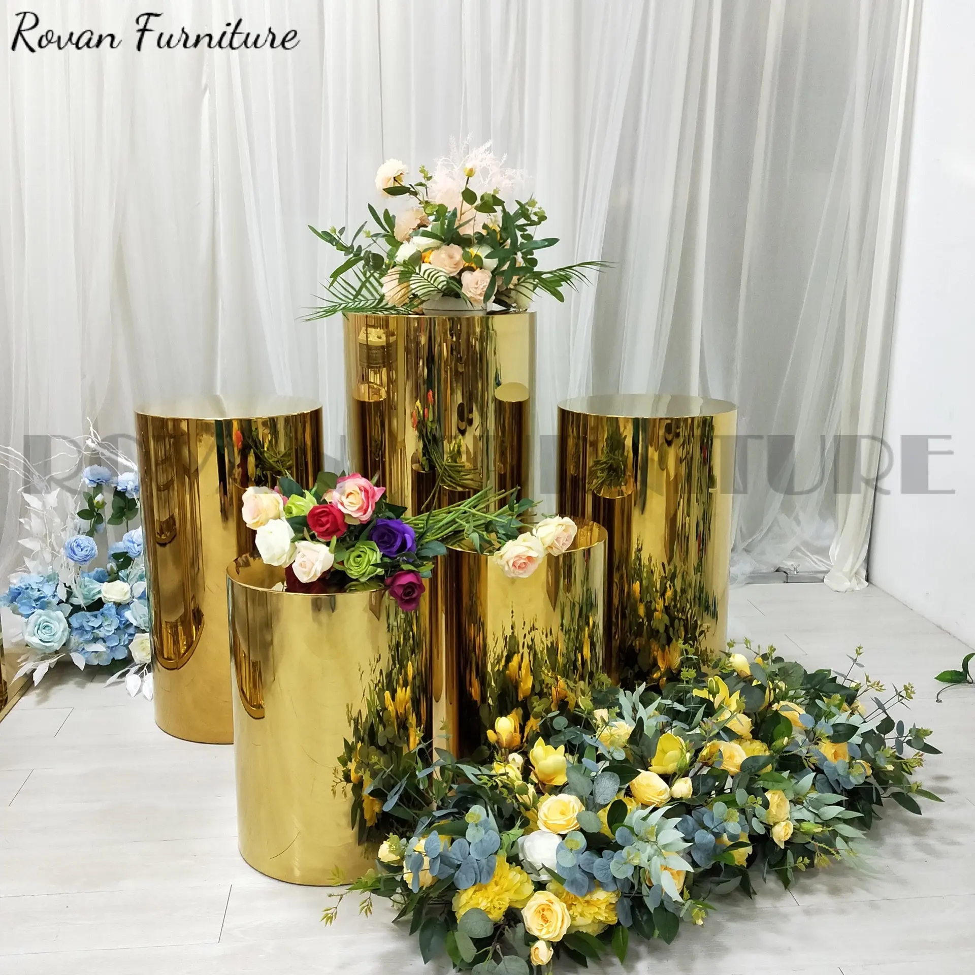 Factory wholesale event party background display cylinder dessert table stand shiny gold flower stand wedding plinth