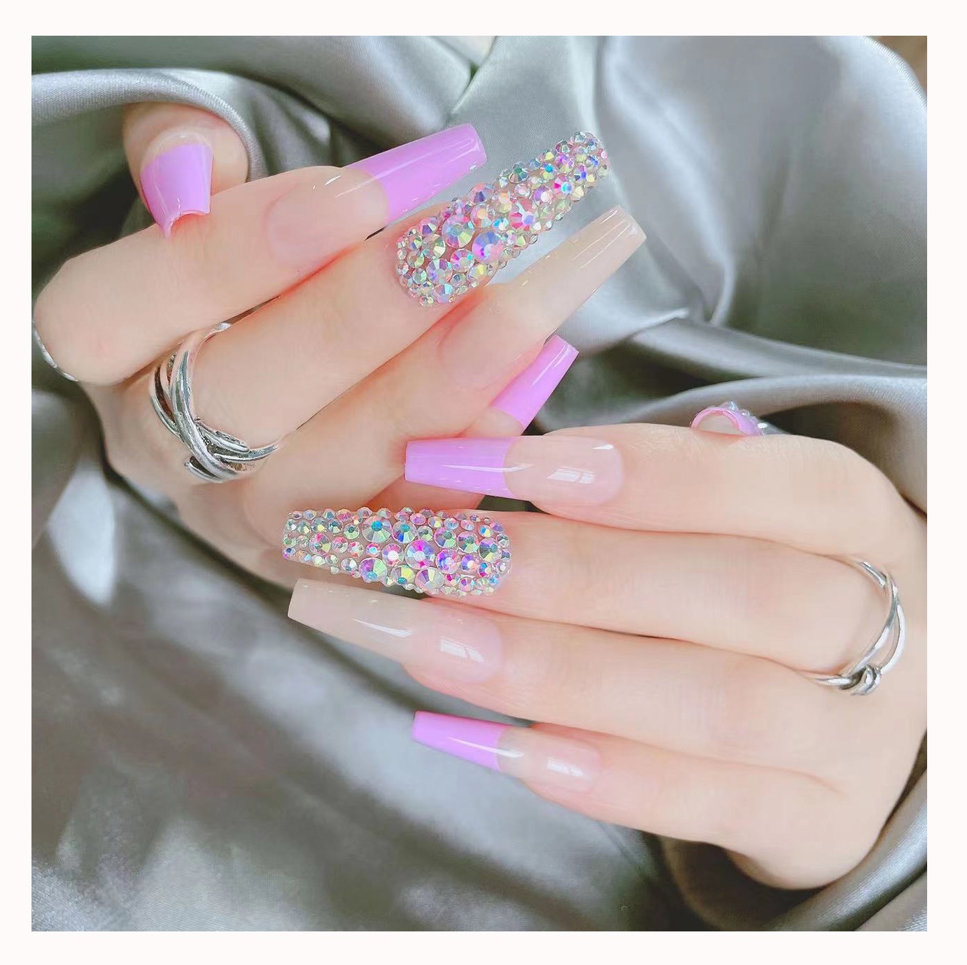 French Nude Pink Ballerina Flash Diamond Crystal Bling Long Glossy Coffin  Flash Fake Nails Press On Nail False Tips Manicure - Buy Press On Nails  Bling,Press On Nails Gel,Plain Press On Nails