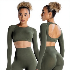Women's Lightweight Eco-Friendly Seamless Spandex Crop Top Long Sleeves Open-<b>Back</b> Design Solid Pattern Yoga Wear Front Skinny - Product Image 3