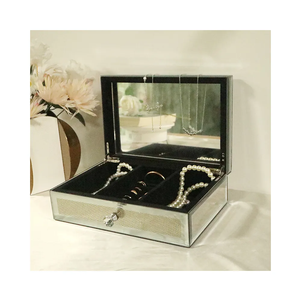 صندوق هدايا عبارة عن علبة من المجوهرات معدنية زجاجية مع اقراط على شكل مرآة لساعة قلادة راقية الجودة مخصصة حسب الطلب