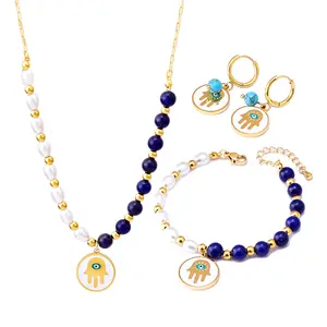ODM Ensemble de perles d'eau douce bohème tendances, perles dorées en acier inoxydable et pierre naturelle, collier yeux, bracelet et boucles d'oreilles