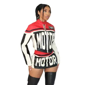 Cool Girl Racing Style Zipper Tops Jacket+Mini Hip Skirt Suit Autumn Moto & Biker Air Layer Two Piece Set Women