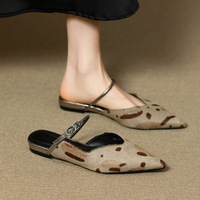 Mules plates à bout pointu en daim léopard, à bride fine, pour femme, style décontracté, collection été-automne, vente en gros OEM/ODM